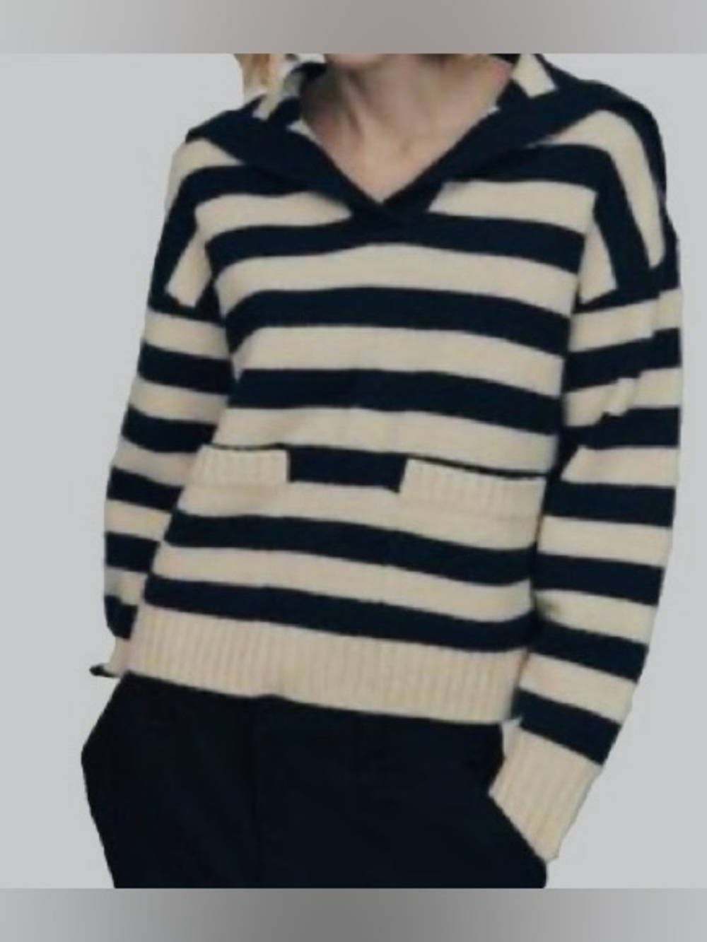 Zara Navy & Cream Women’s Striped V-Neck Hoodie Cotton Sweater, Sz M. NWOT